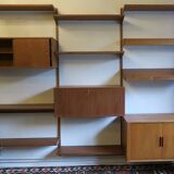 Modular 3-compartment teak wall shelving system with desk and lighting by Kai Kristiansen for FM, Denmark, 1960s
