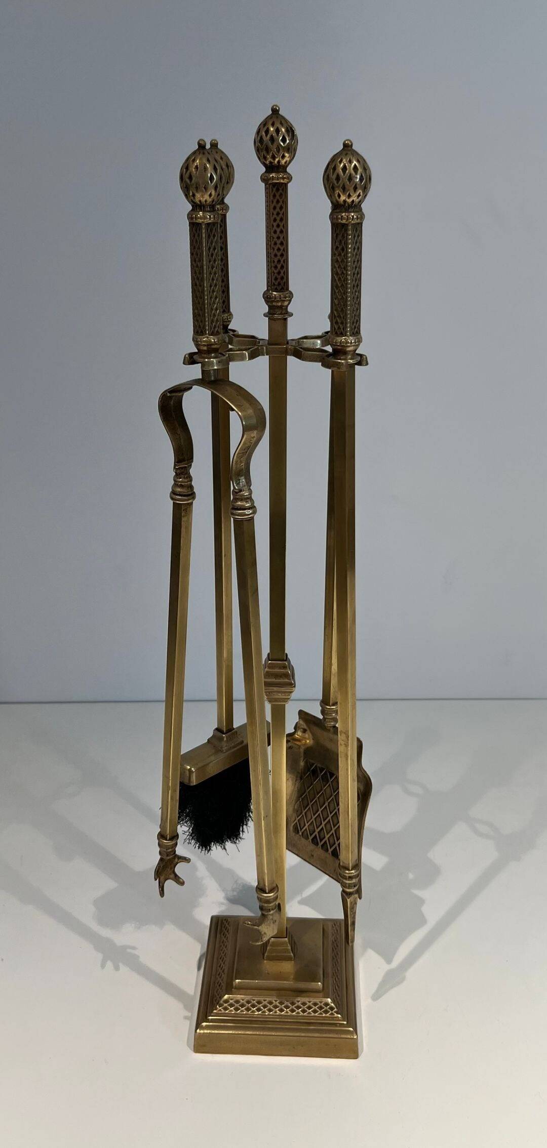 Neoclassical Fire Set in Bronze and Brass Finely Chiseled