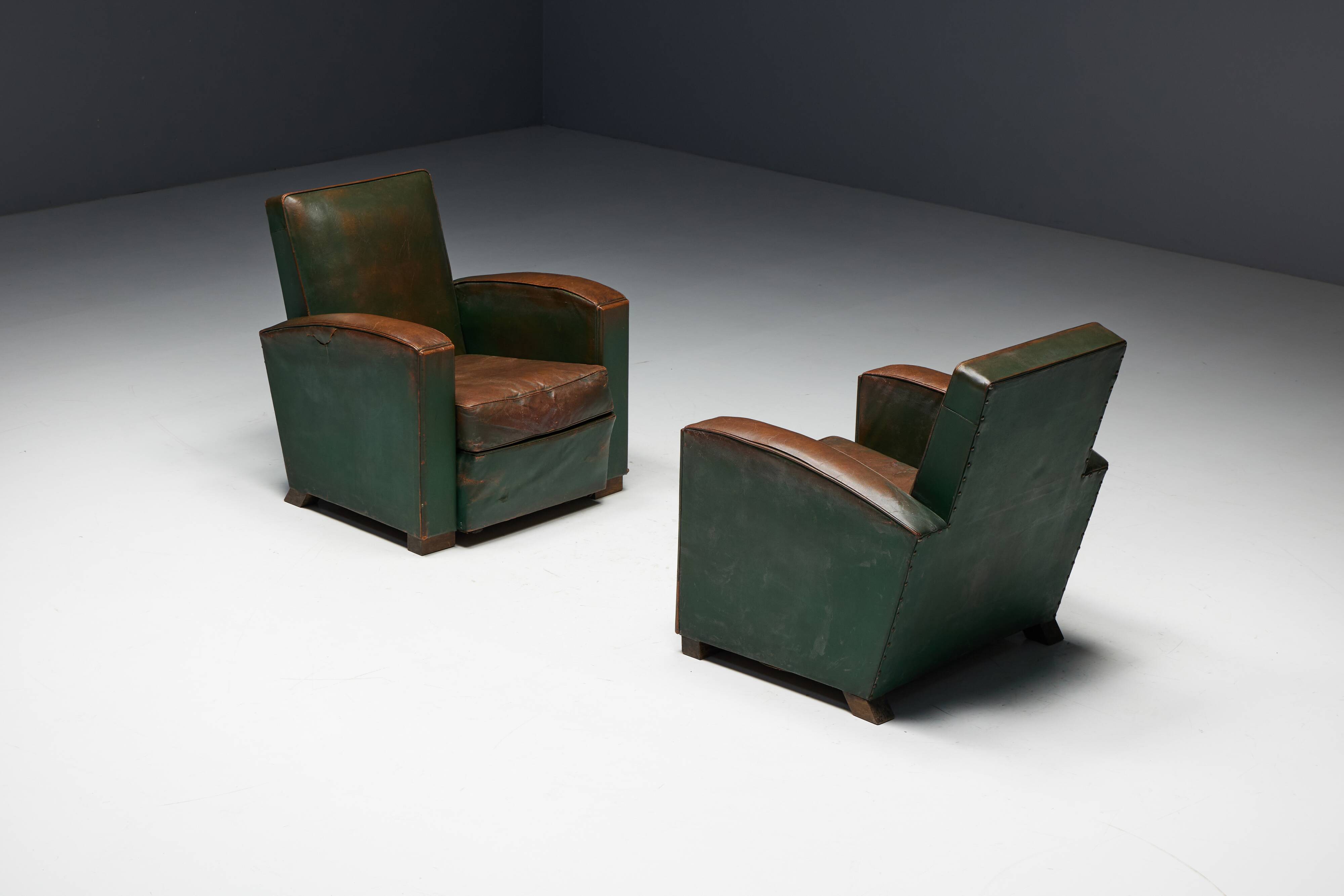 Art Deco Leather Club Chairs, France, 1930s