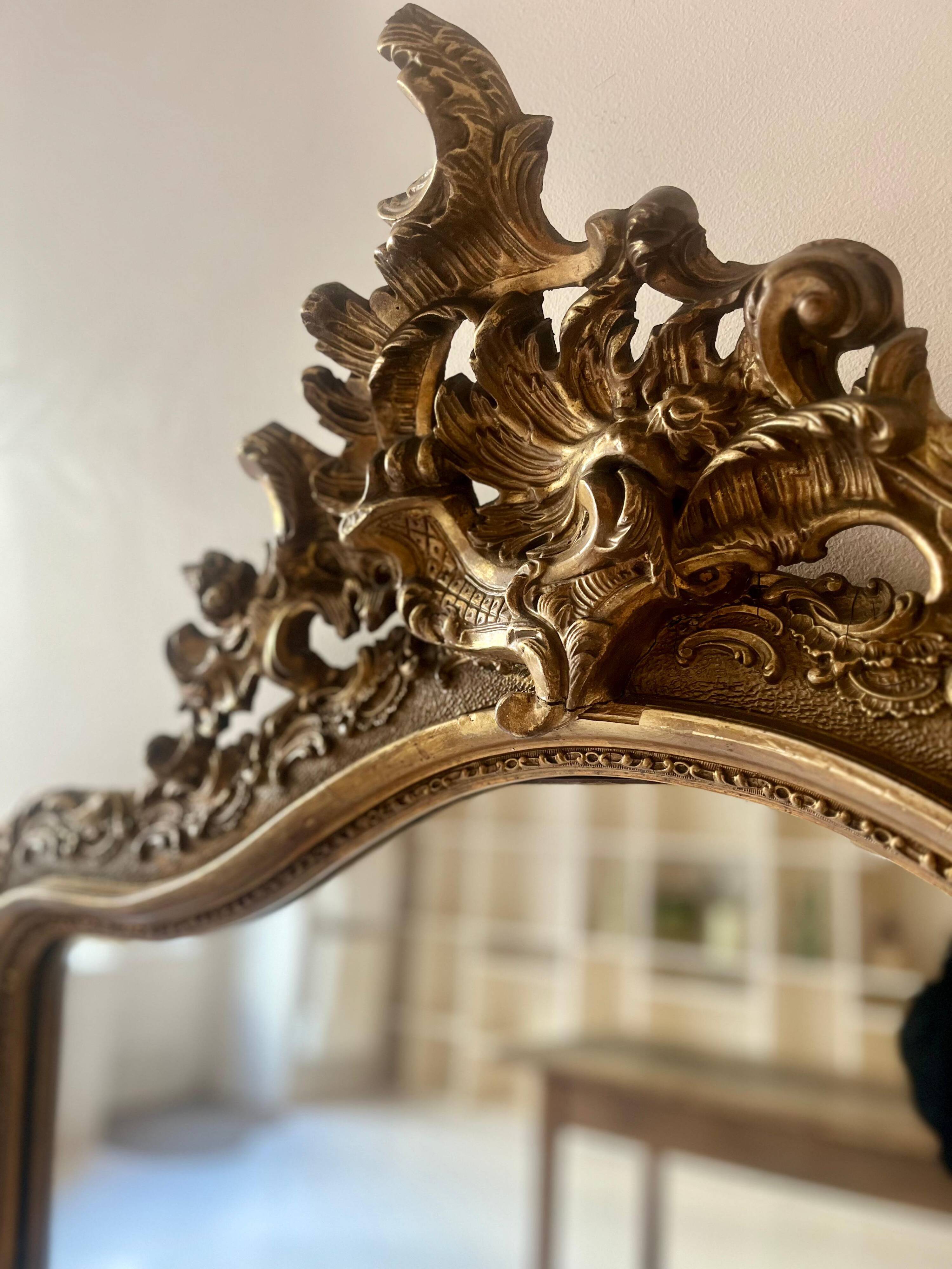 Antique Louis XV rococo mirror with a gilded pediment - 156 x 98 cm