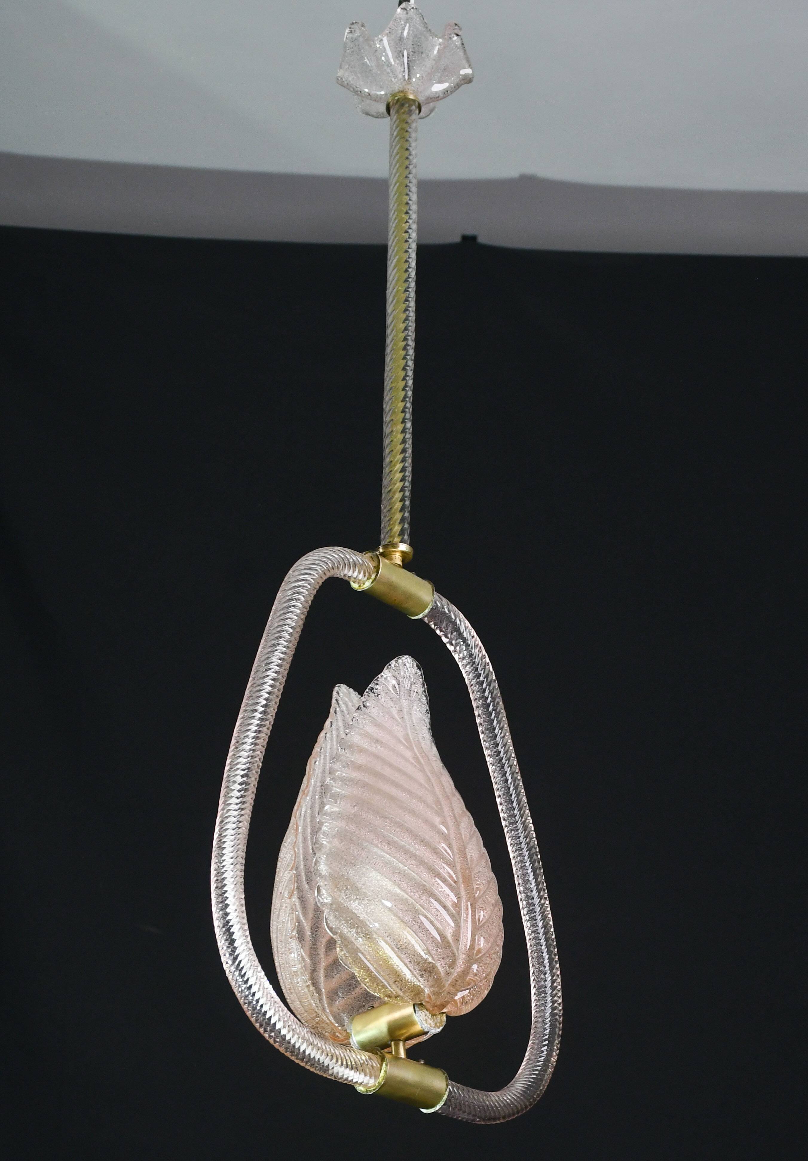 Elgant Pink Art Decò Barovier e Toso Pendant Light Murano Glass, 1940s