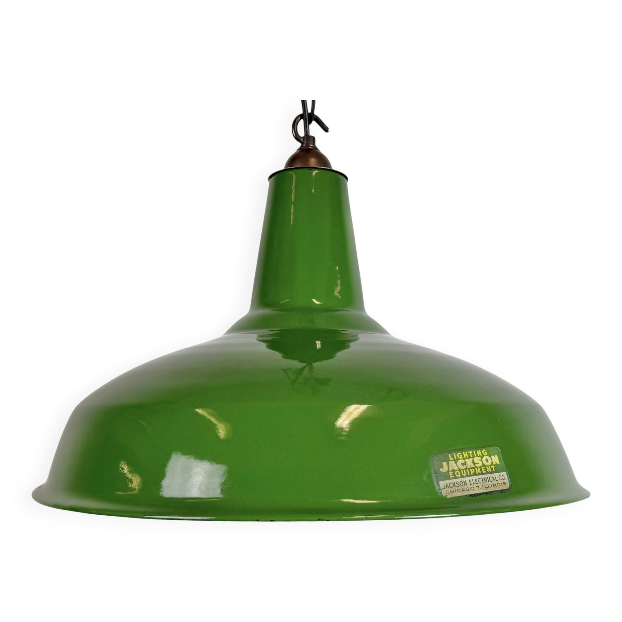 Suspension industrielle en émail vert de Jackson Electrical Co., années 1960