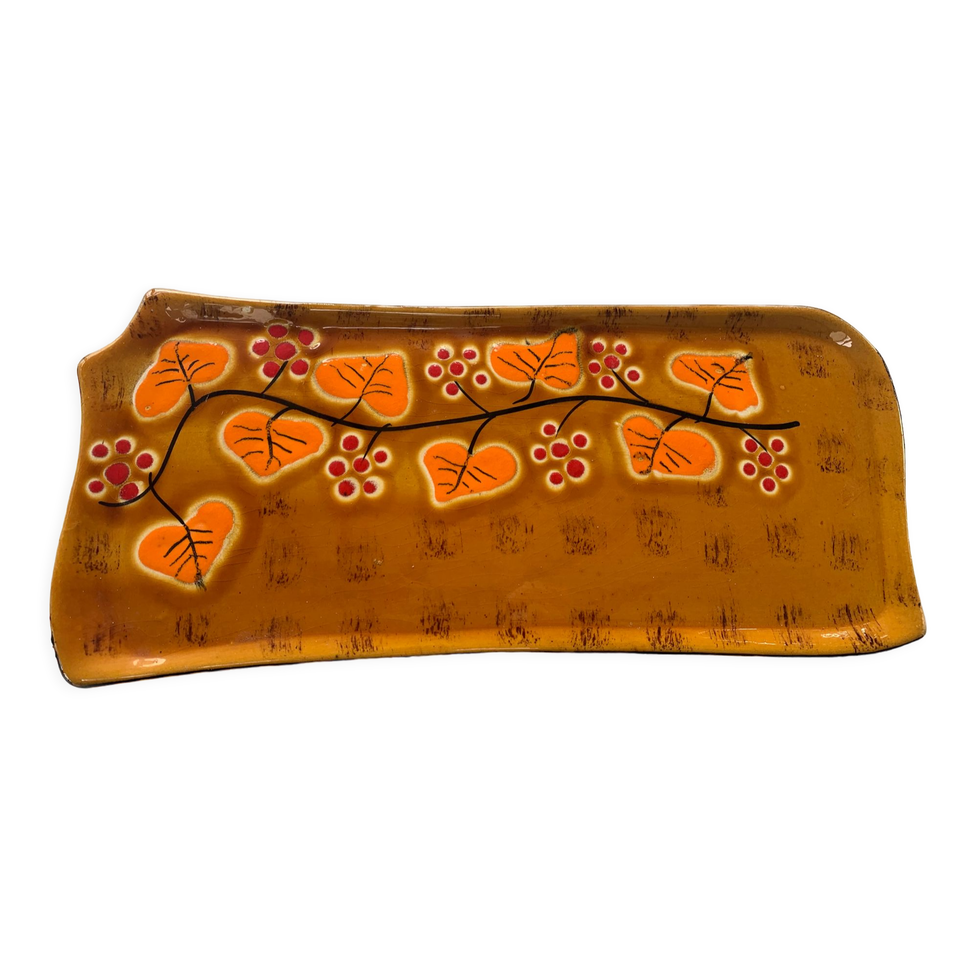 Cake dish in ochre glazed ceramic and vintage orange foliage