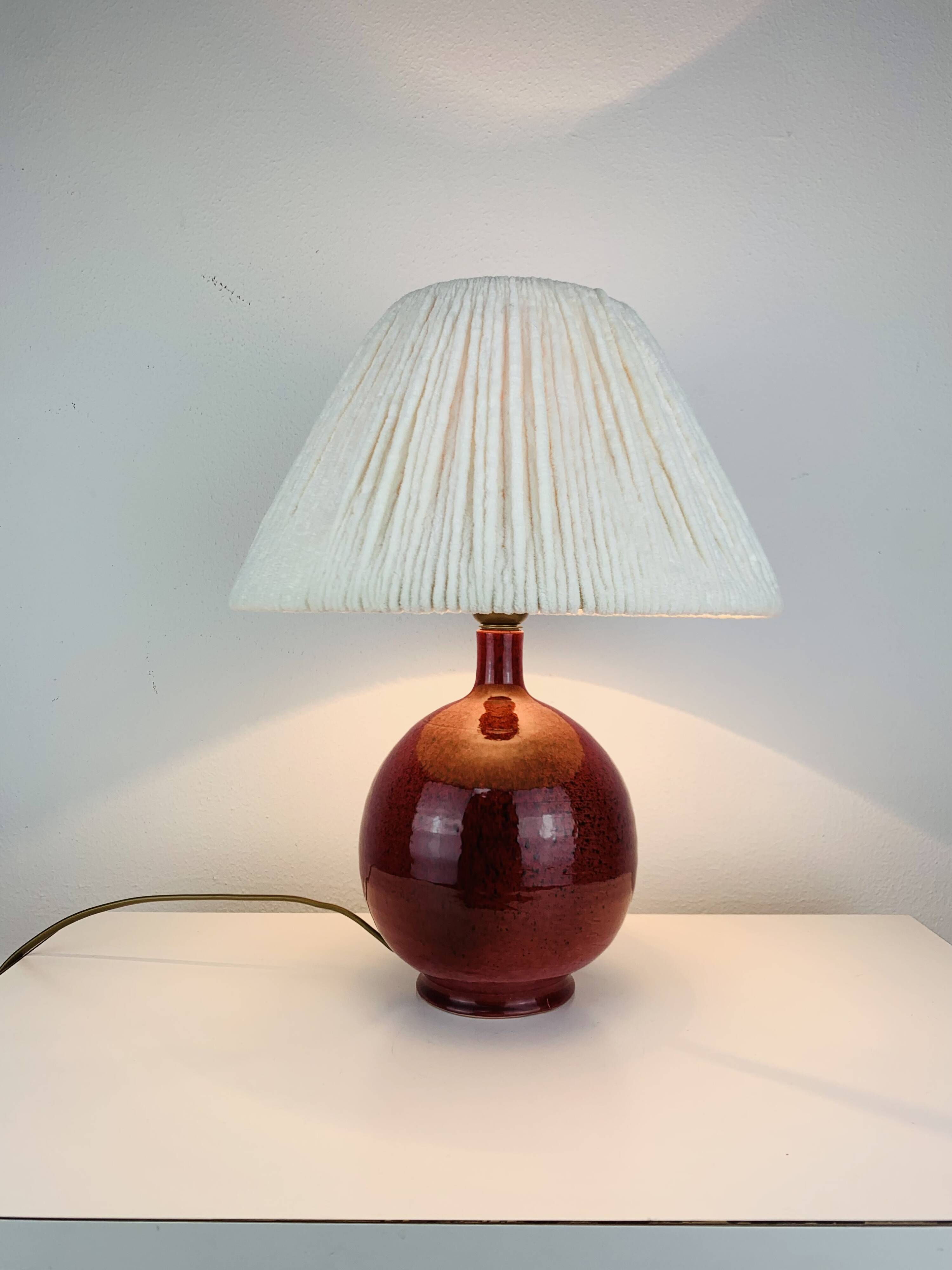 Purple ceramic ball lamp with wool shade, vintage.