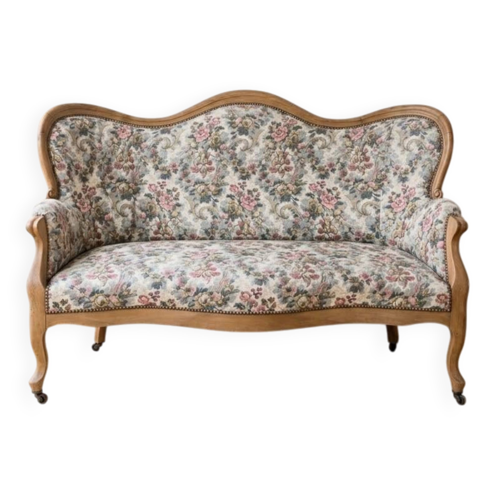 Classic wooden and floral fabric sofa bench