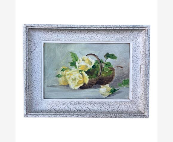 Huile sur panneau nature morte bouquet de fleurs au panier milieu XXe
