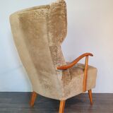 Norwegian sheepskin wing armchair with ottoman 1950