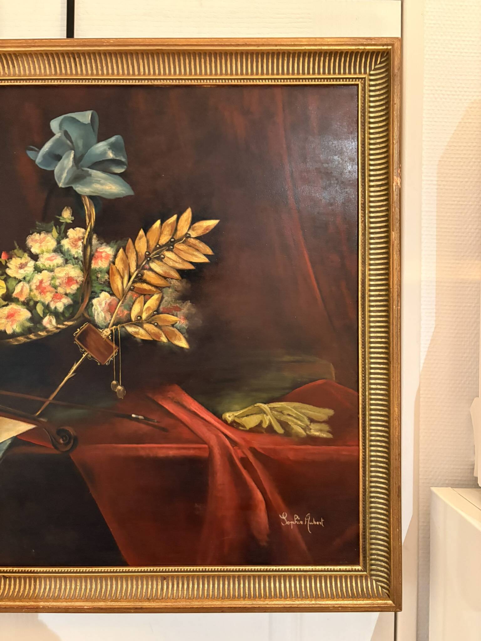Old painting still life feather violin book lamp flowers