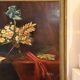 Old painting still life feather violin book lamp flowers