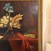 Ancien tableau peinture Nature Morte Plume violon Livre Lampe Fleurs