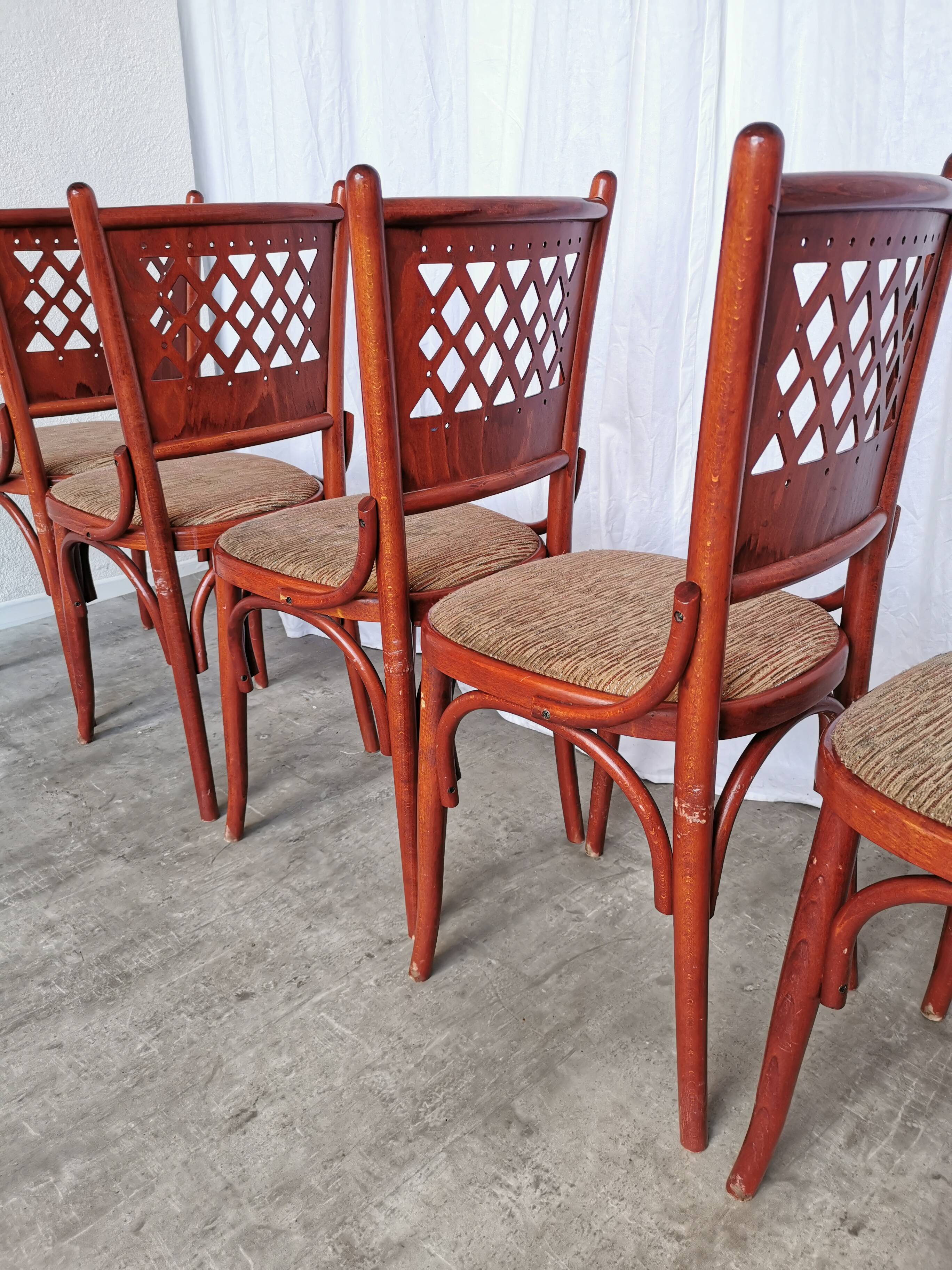 Vintage Italian Bistro Chairs - 1980s Reddish Wood, Brown Fabric - Set of 6