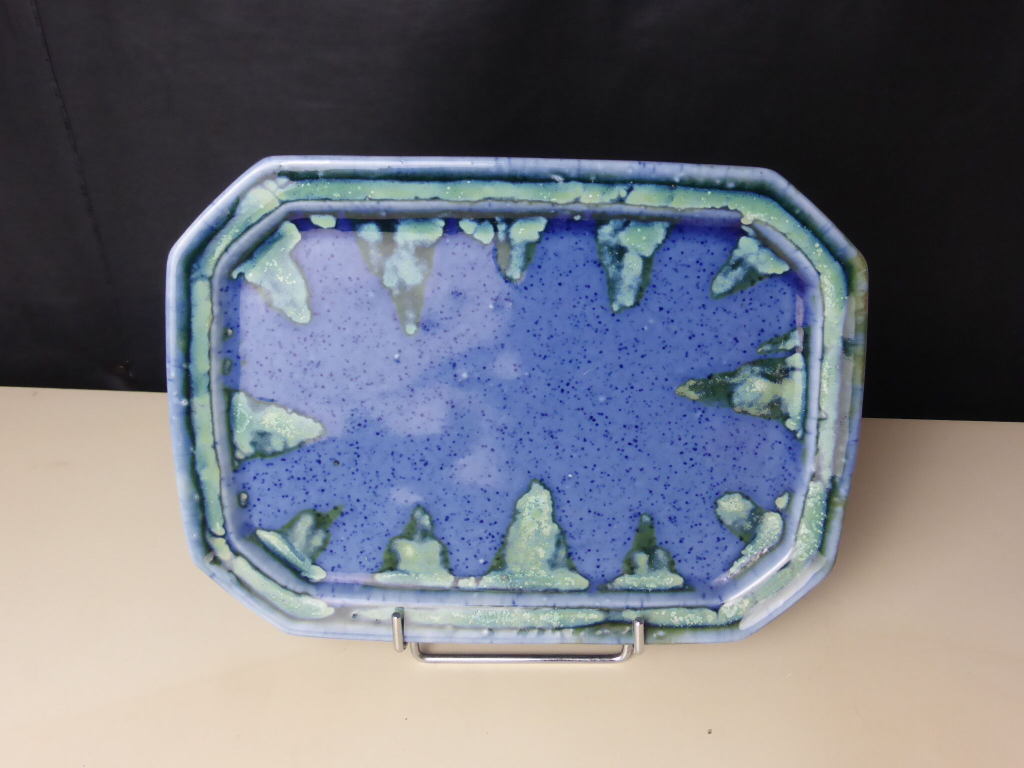 Octagonal top signed Denbac ceramic blue green