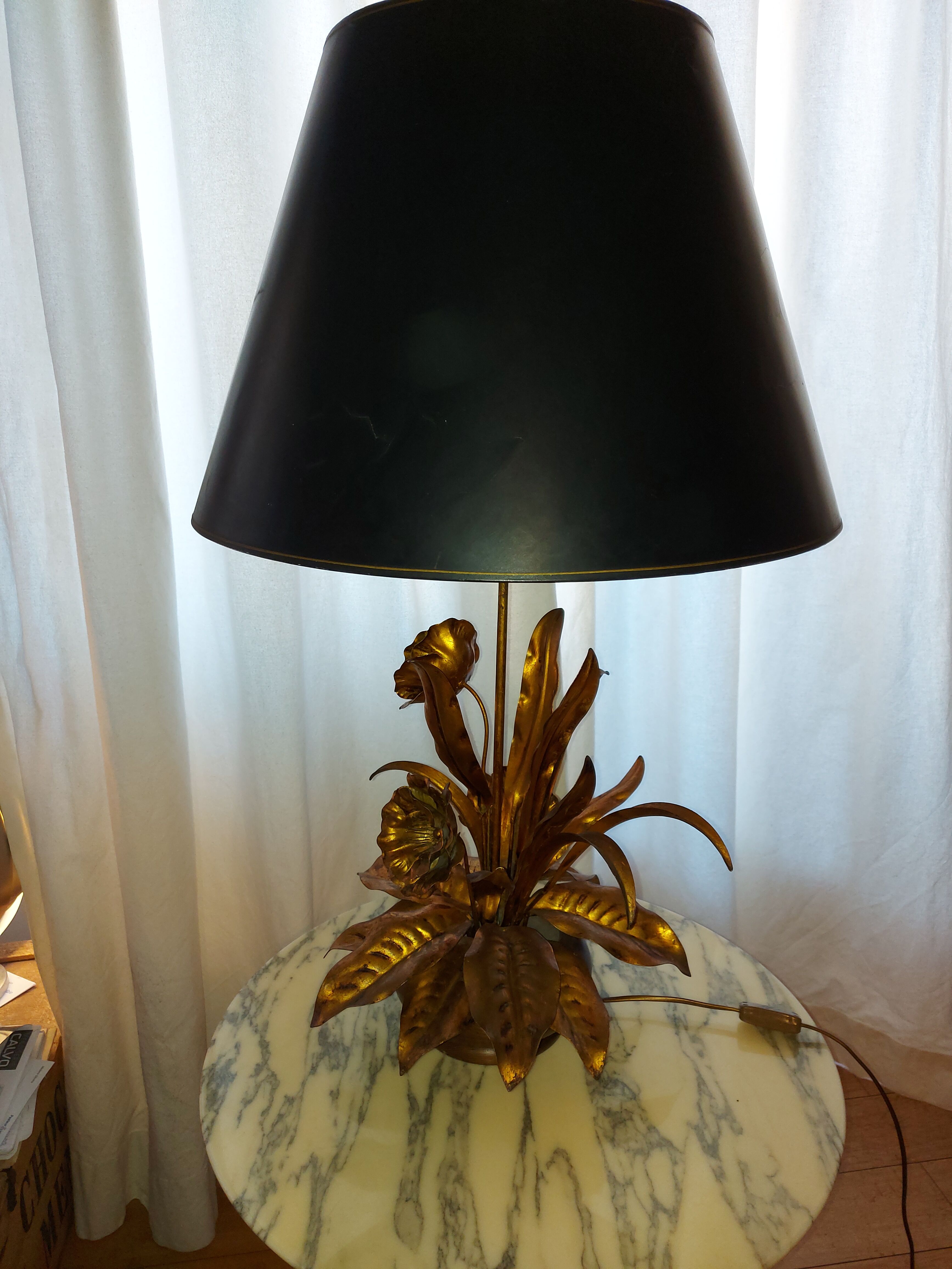 Large lamp, bouquet of vintage anemone flowers, gold metal, Hans Kogl