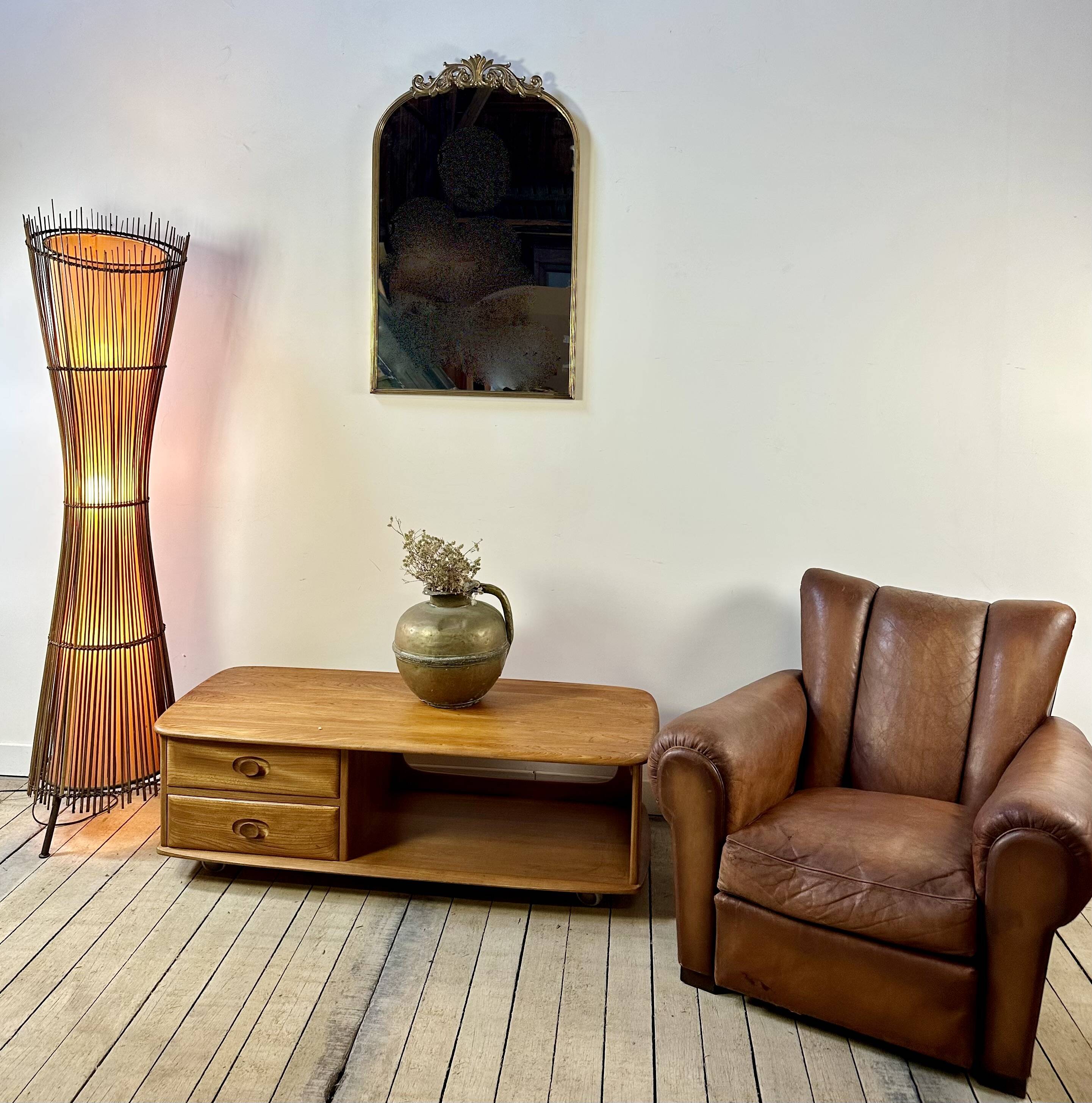 Kobe floor lamp metal and rattan 1990s Ht 170 cm