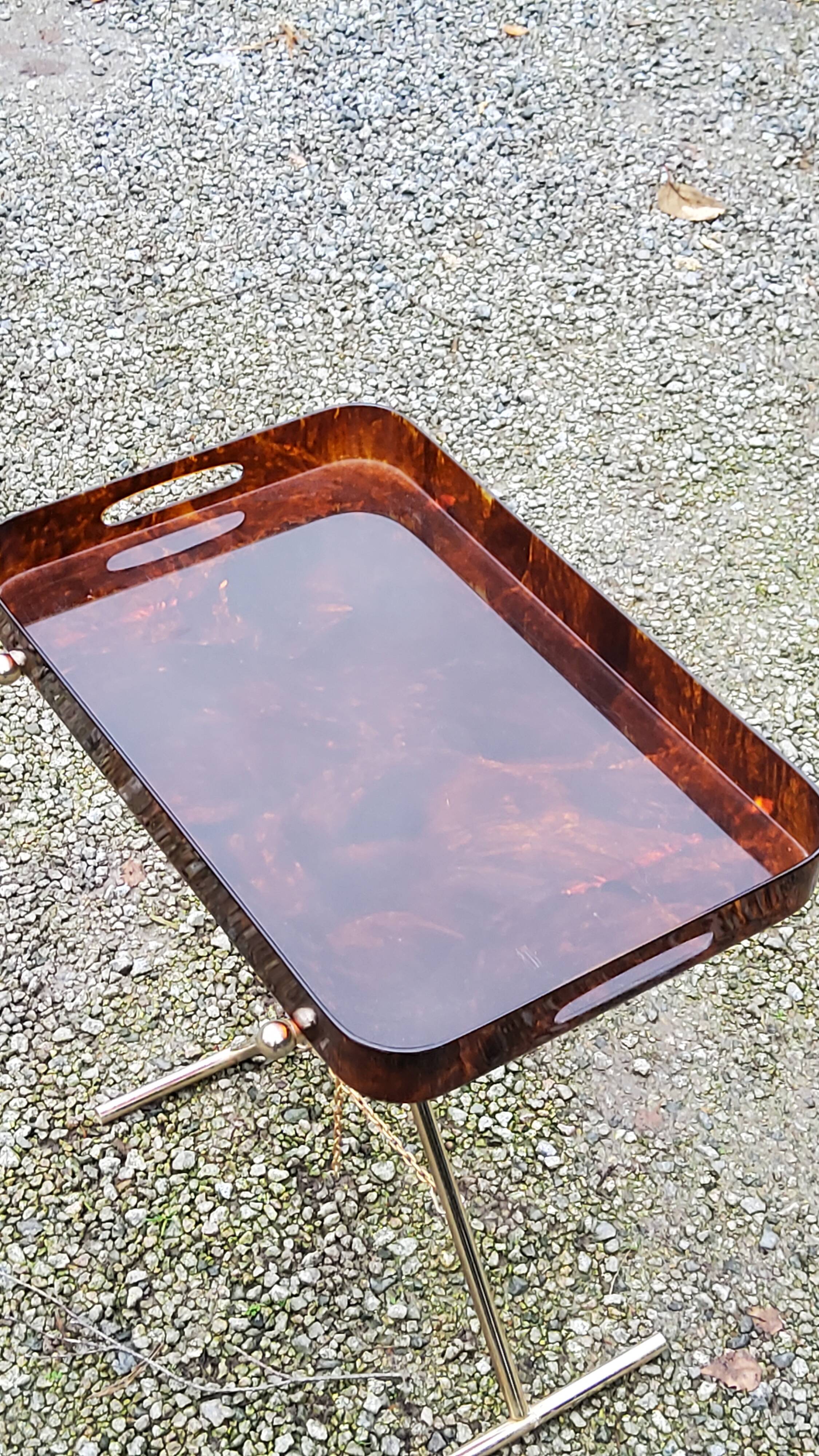 Gold metal side table with tortoiseshell lucite top from the 70s