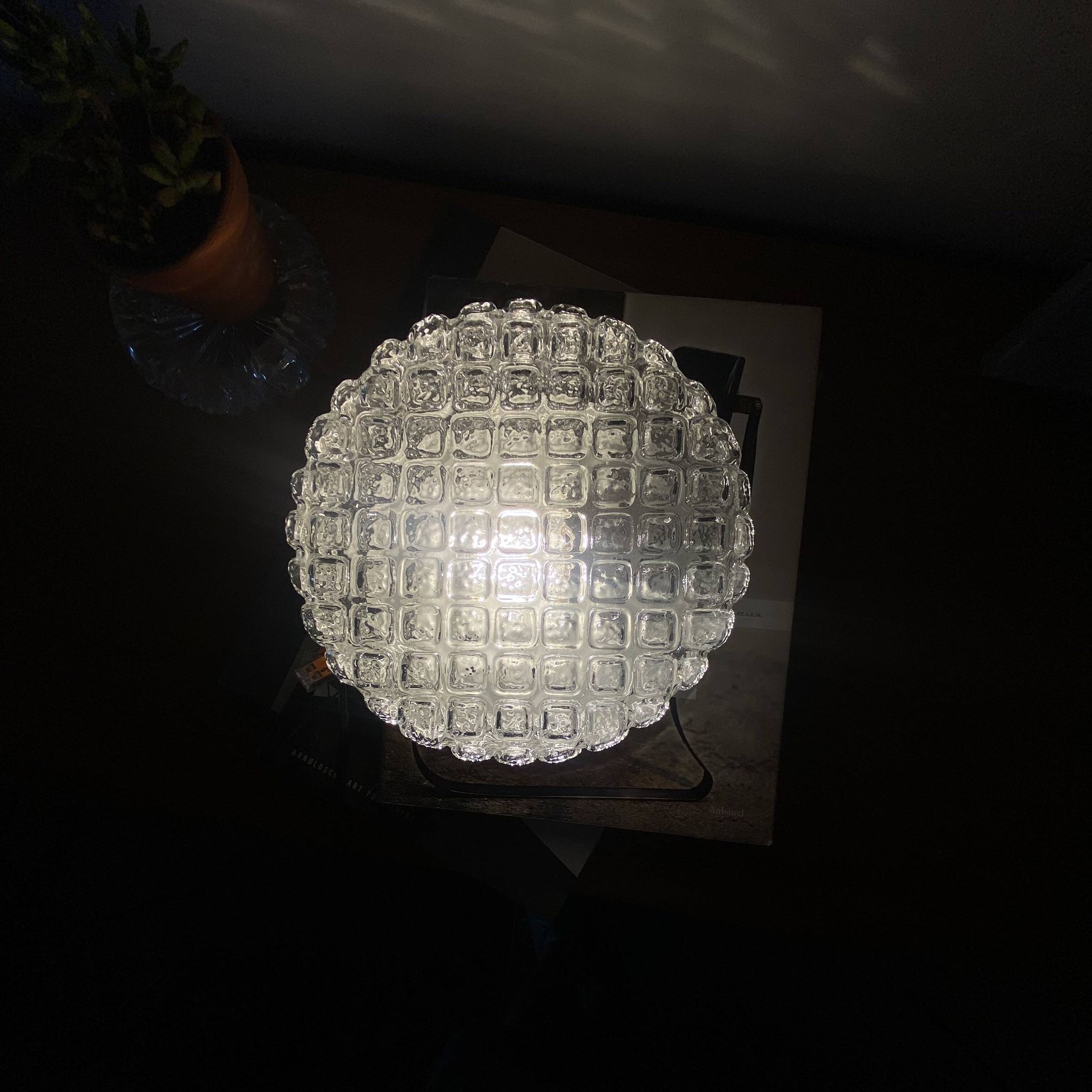 Vintage 1970s round wall light ceiling fixture with transparent glass.