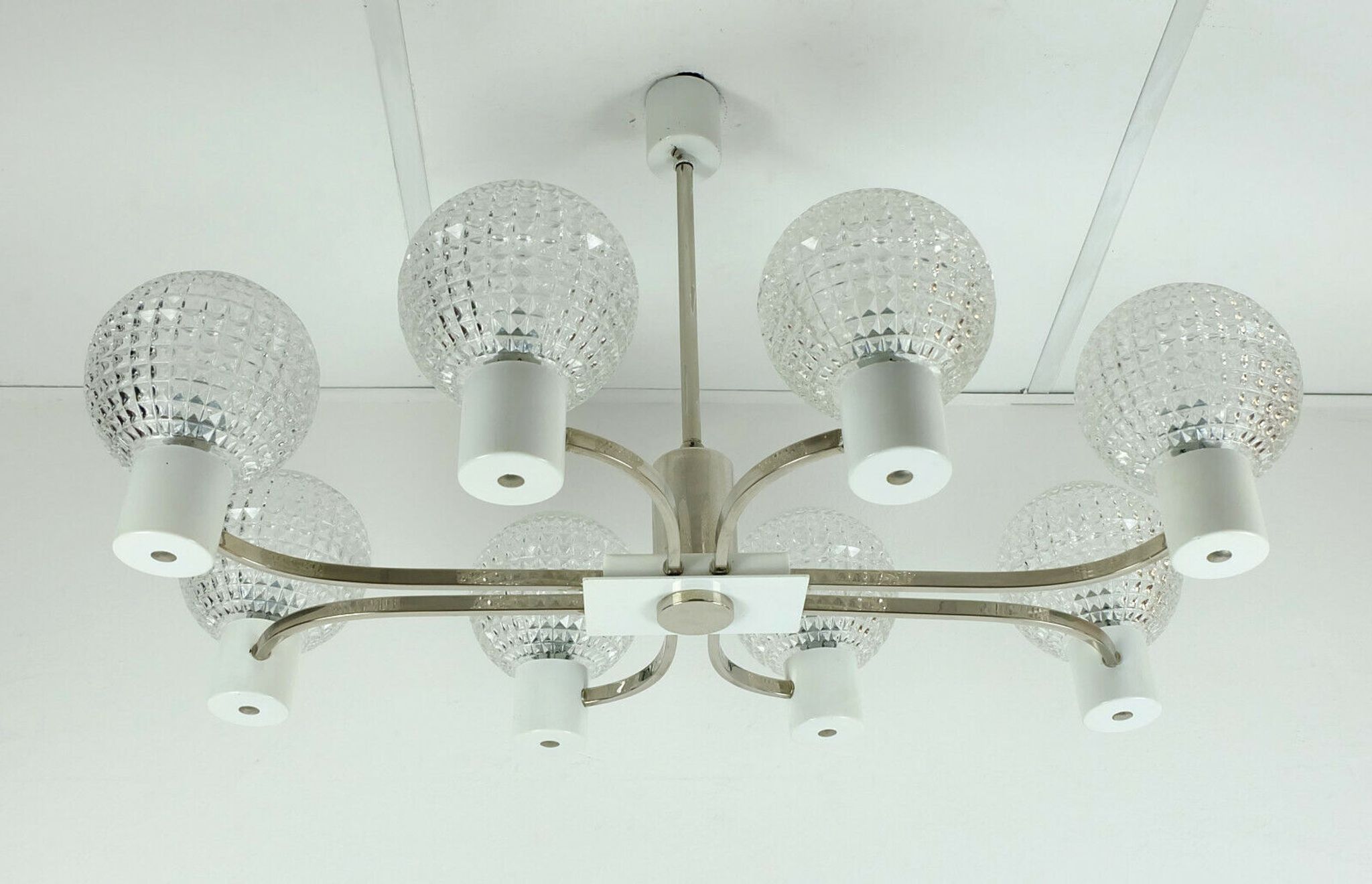 1960s mid century HANGING LAMP chrome metal chandelier with 8 glass shades