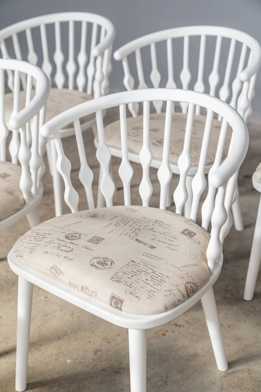 Matte white painted beech chair with upholstered seat in fabric 1970
