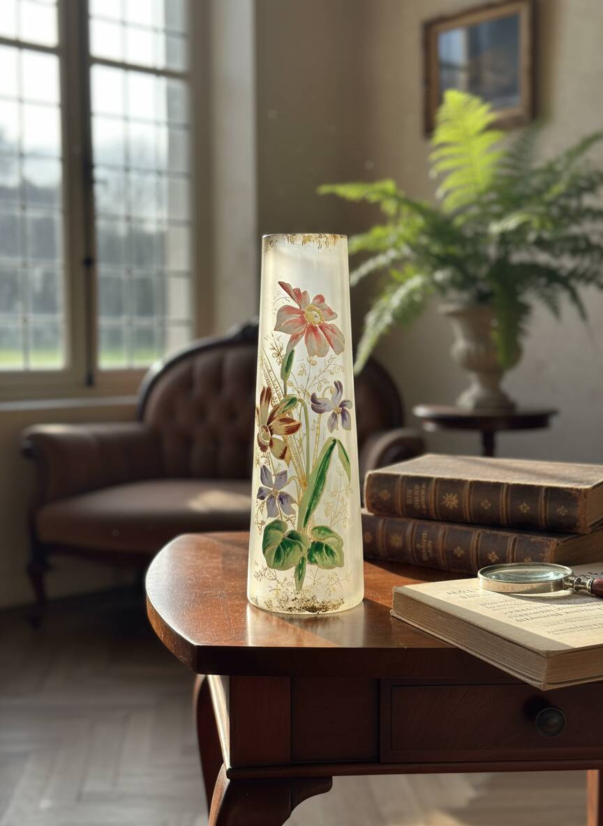 Cylindrical Art Nouveau vase with enamelled decoration of violets.