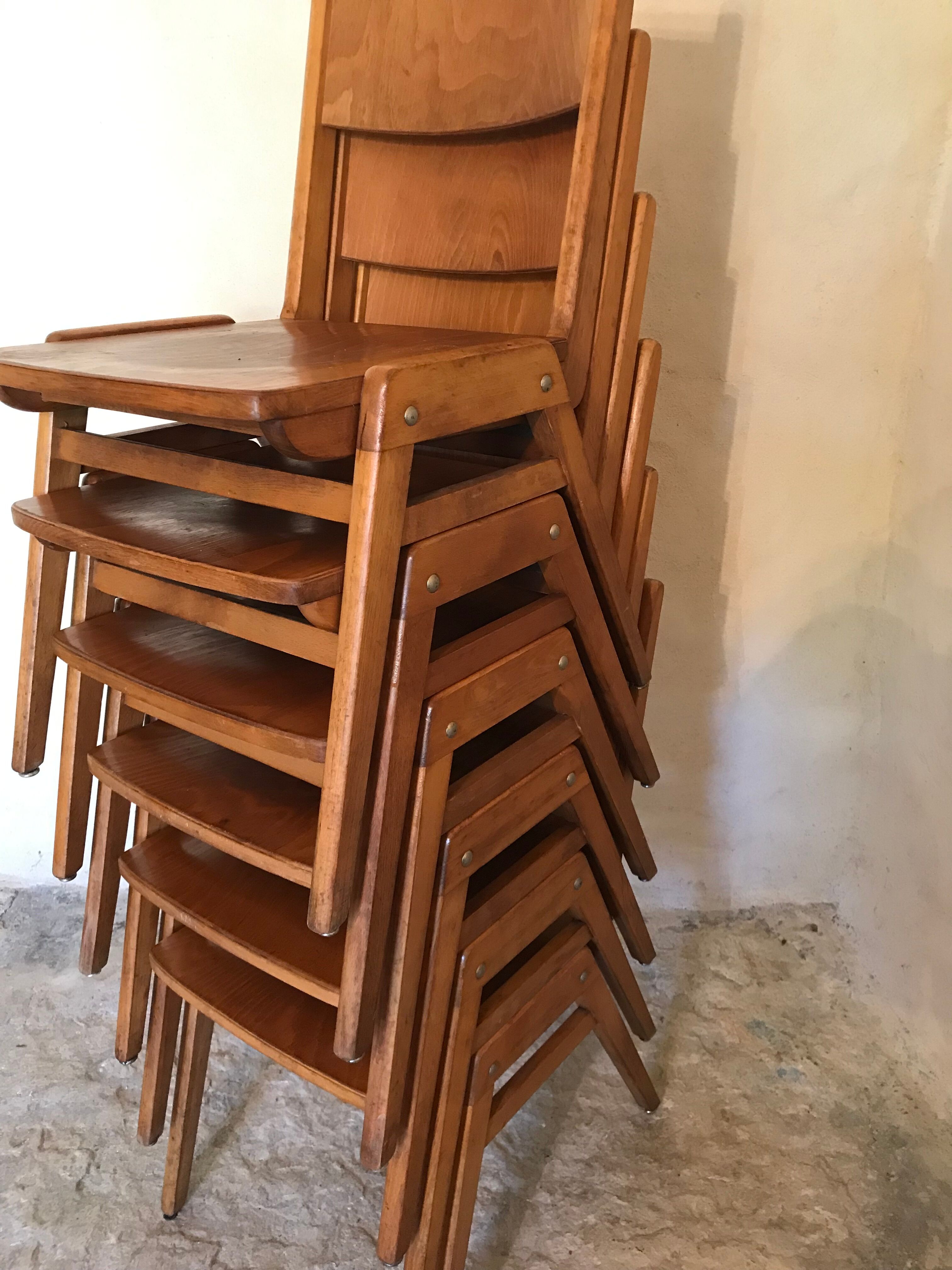 Set of 6 stackable chairs wood feet compass Germany 1960's