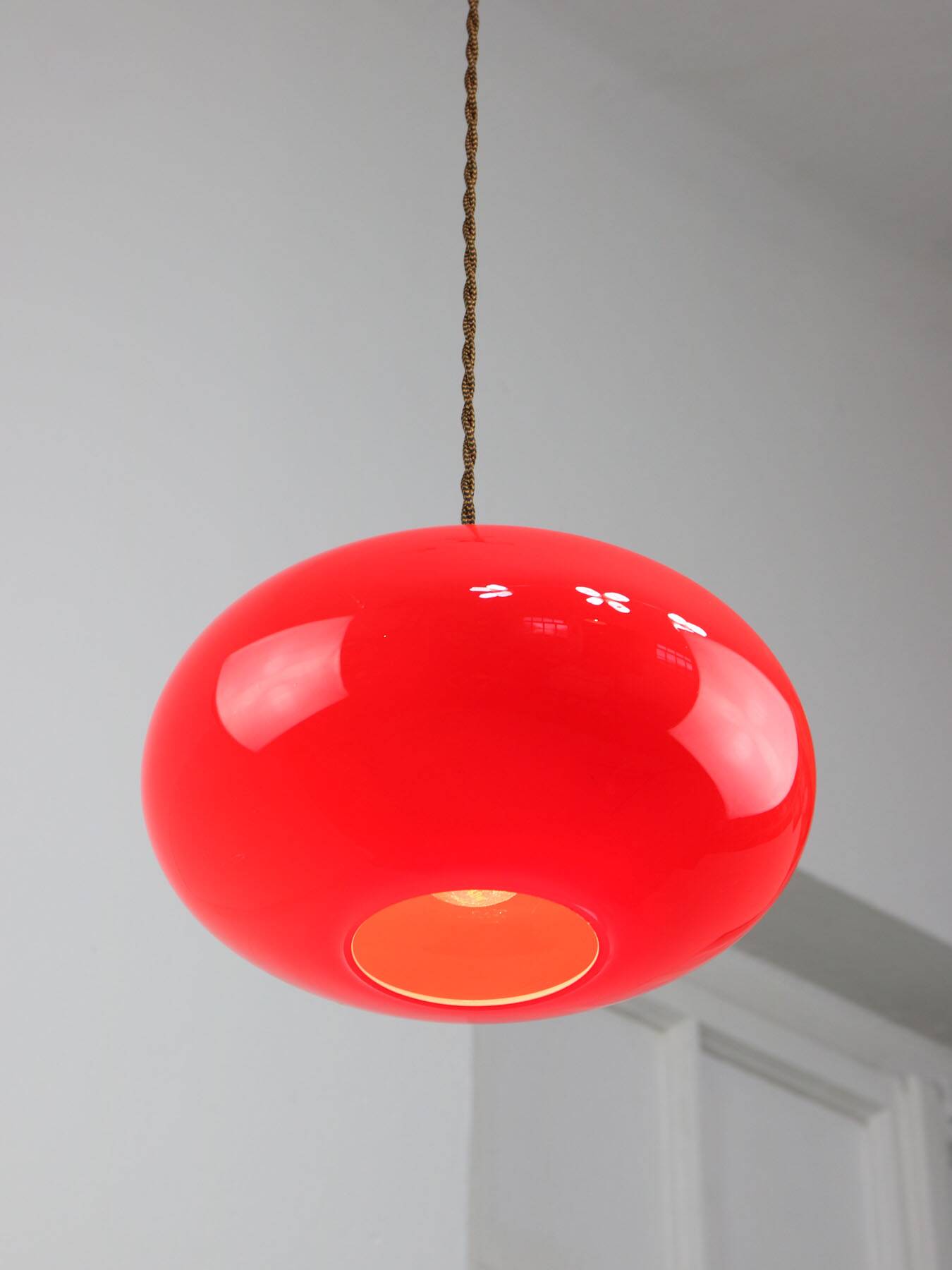 Mid-century Modern Italian Brass and Red Glass Pendant Lamp, 1960s