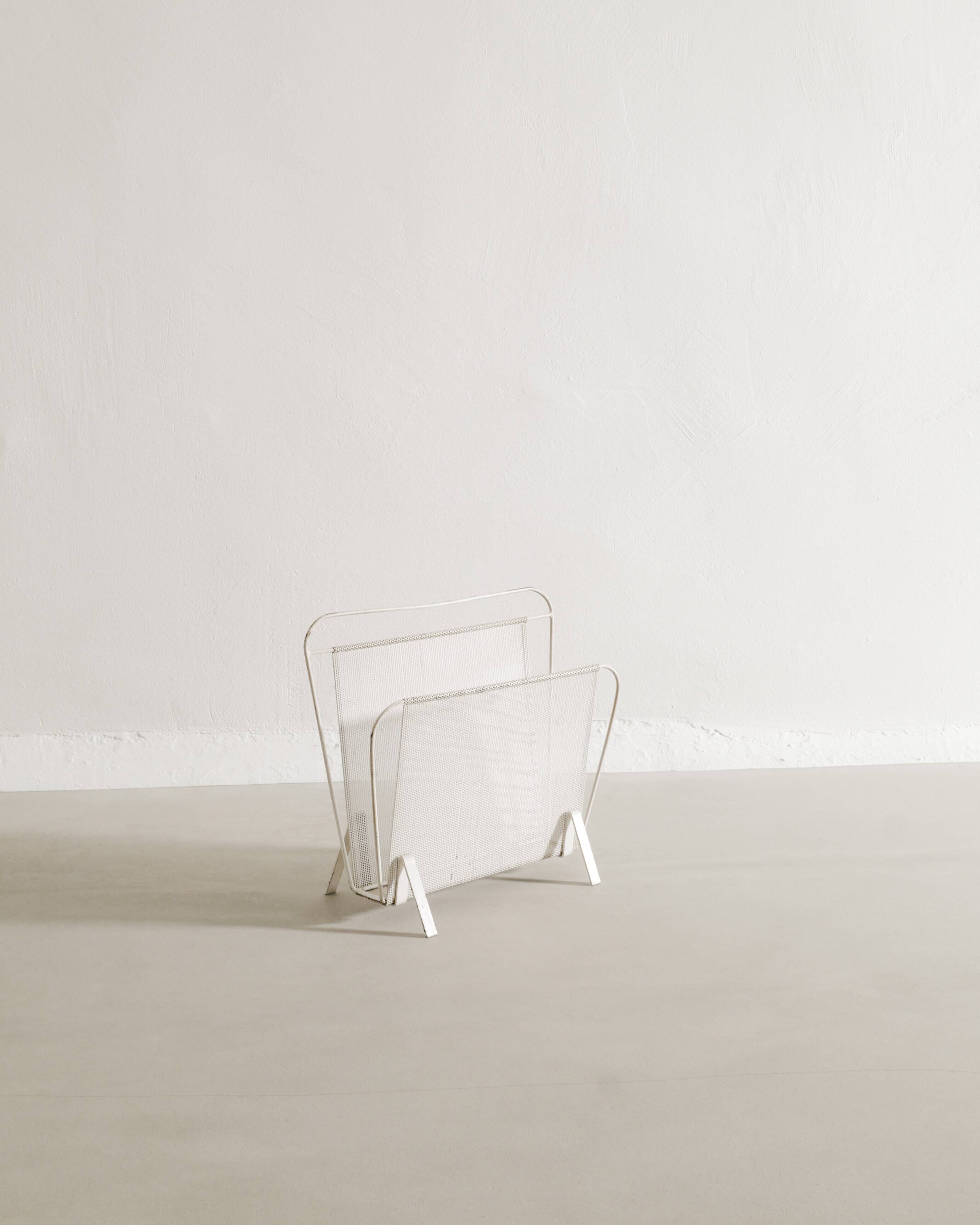 Vintage French Mid Century Mathieu Matégot White Metal Magazine Rack, 1950s