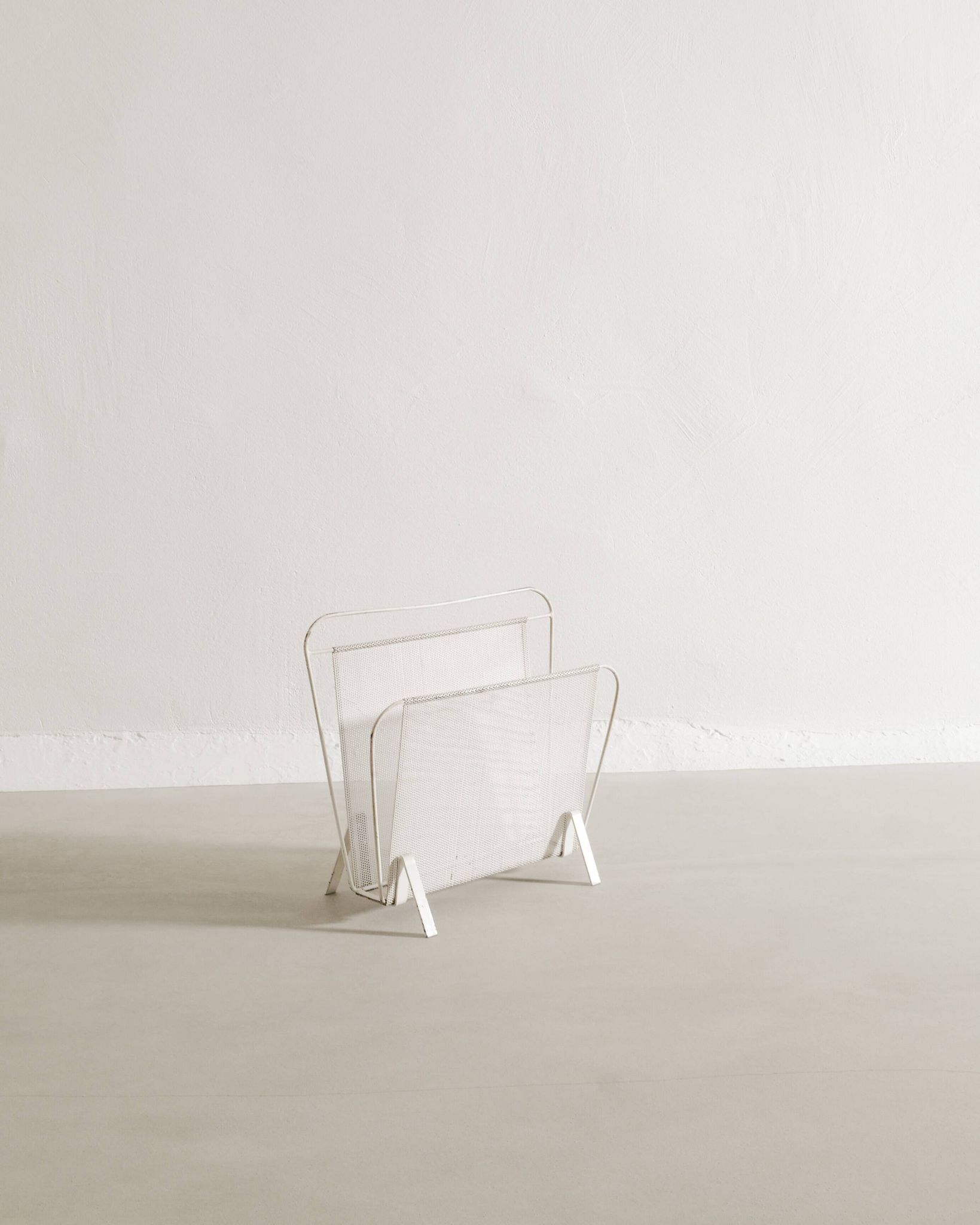 Vintage French Mid Century Mathieu Matégot White Metal Magazine Rack, 1950s