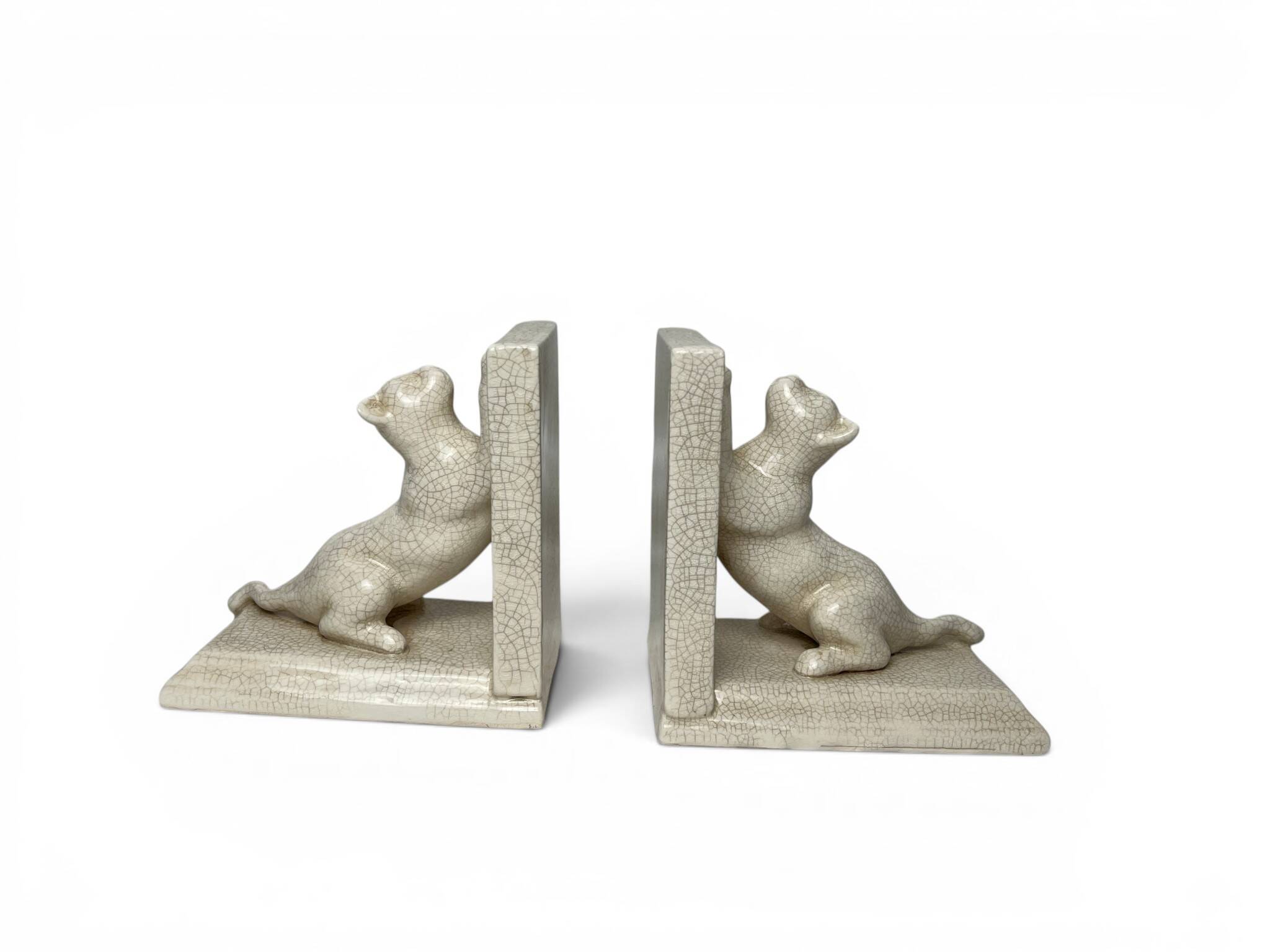Art Deco, pair of crackled earthenware bookends featuring cats from Louvière around 1930.