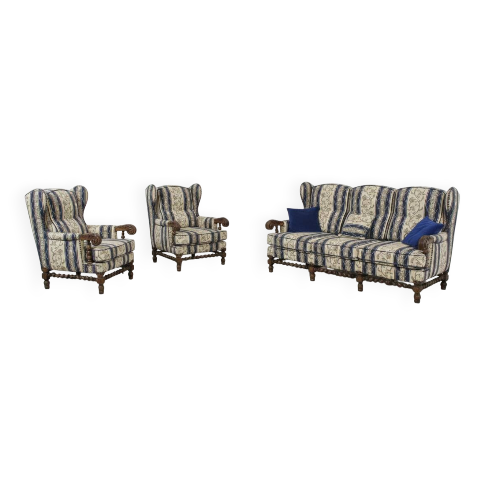 Louis XIII salon in turned wood – Sofa and pair of armchairs