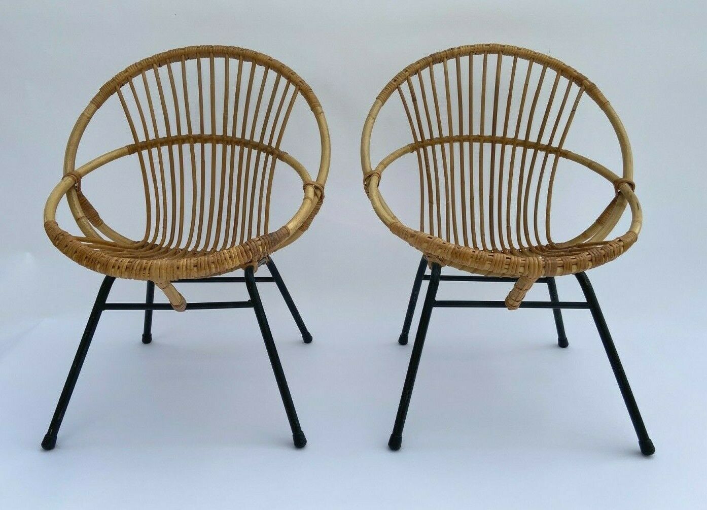 Pair of 1960 rotin black tubular french design armchairs