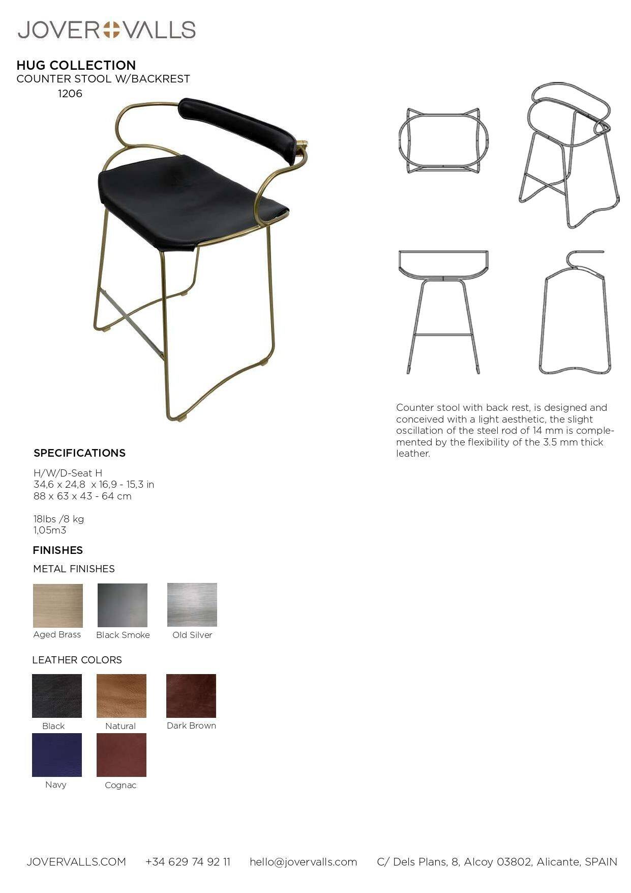 Organic kitchen bar stool c. Metal Brass and Cognac Leather Backrest