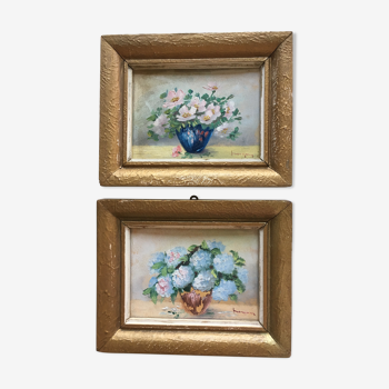 Lot de 2 tableaux bouquets de fleurs avec encadrement doré (signés Morgan)