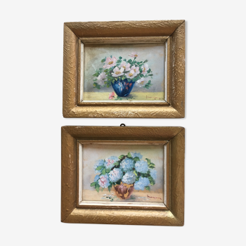 Set of 2 paintings bouquets of flowers with golden frame (signed Morgan)