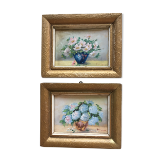 Set of 2 paintings bouquets of flowers with golden frame (signed Morgan)