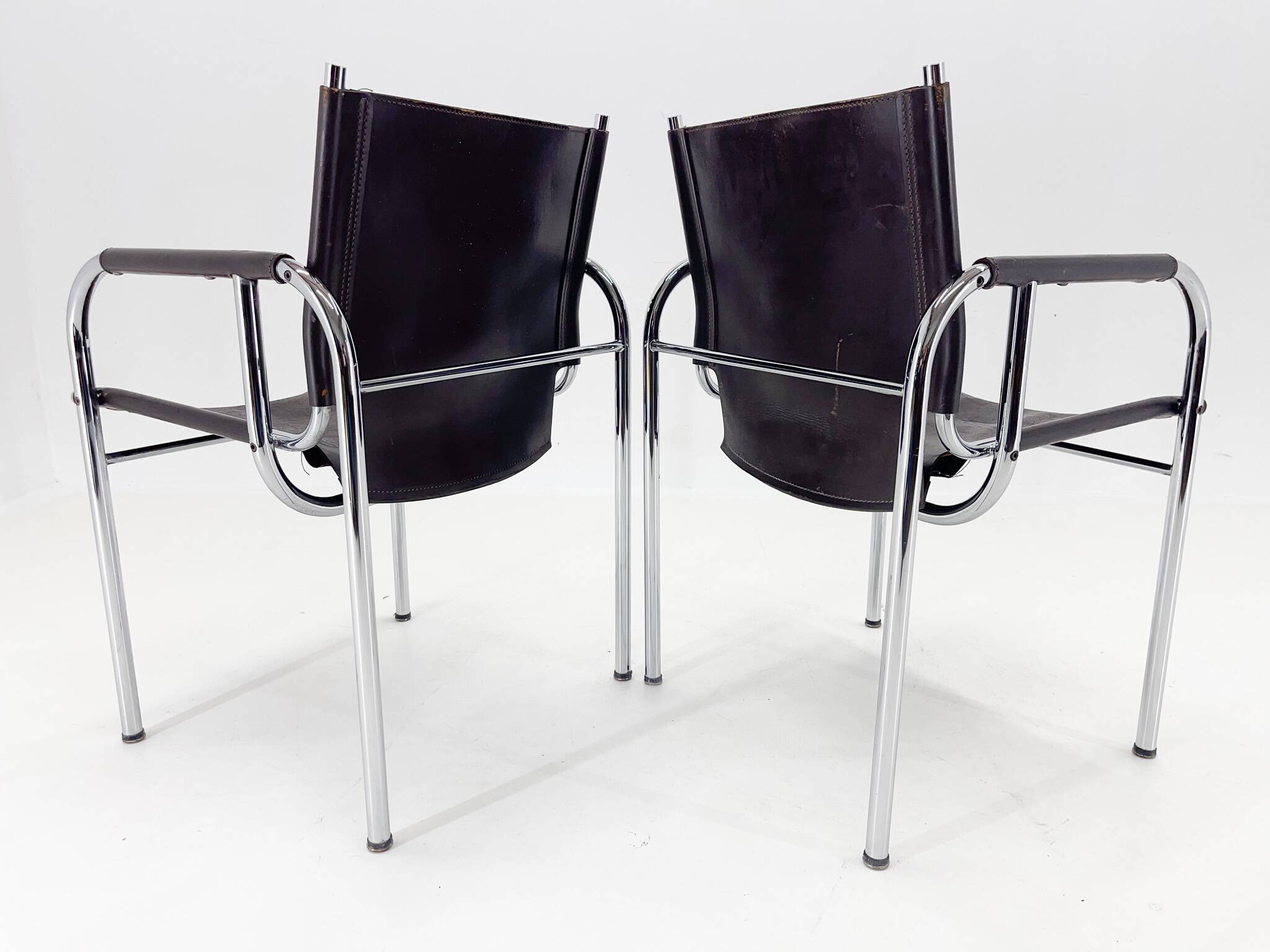 Pair of 1970s Vintage Hans Eichenberger Leather & Chrome Lounge Chairs, Labeled