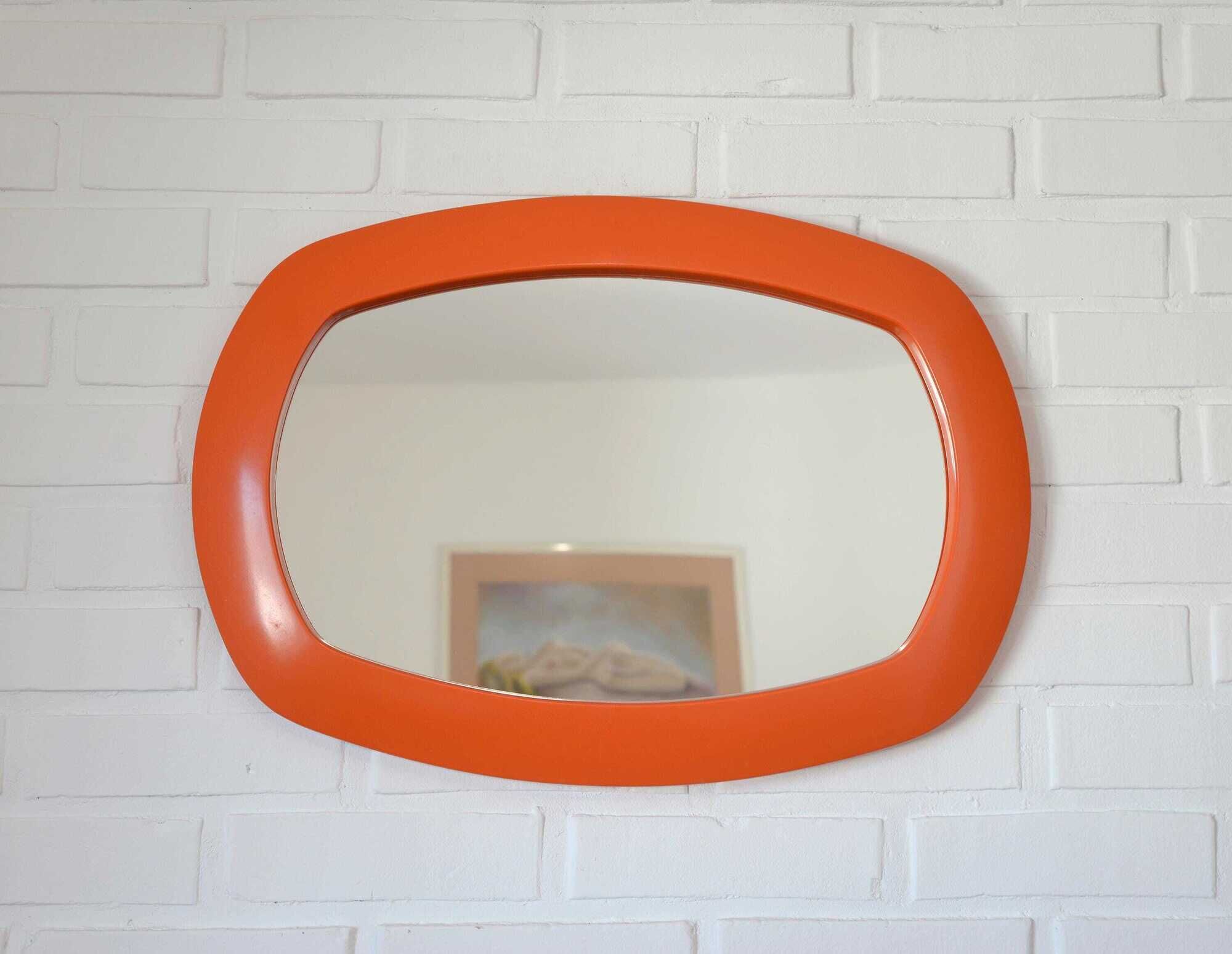Rare 1970s Orange Space Age Mirror | Vintage Pop Art Yugoslav Wall Mirror