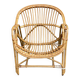 1970s adult rattan and wicker armchair with a round burgundy velvet cushion.
