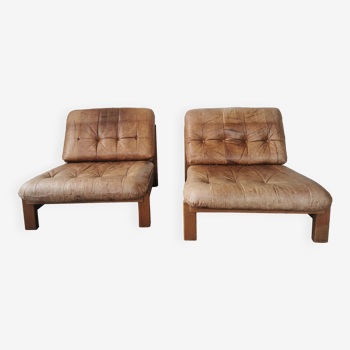 Pair of leather and oak low chairs, 1970 design