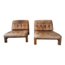 Pair of leather and oak low chairs, 1970 design