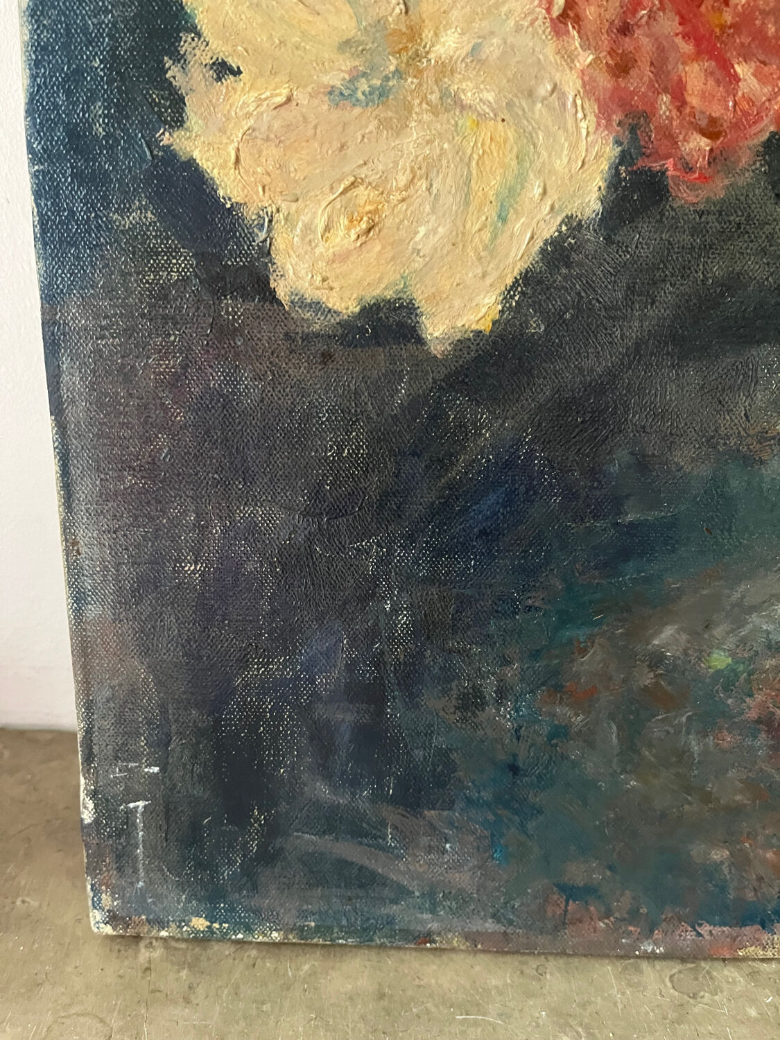 Bouquet of carnations in a blue and white vase, signed