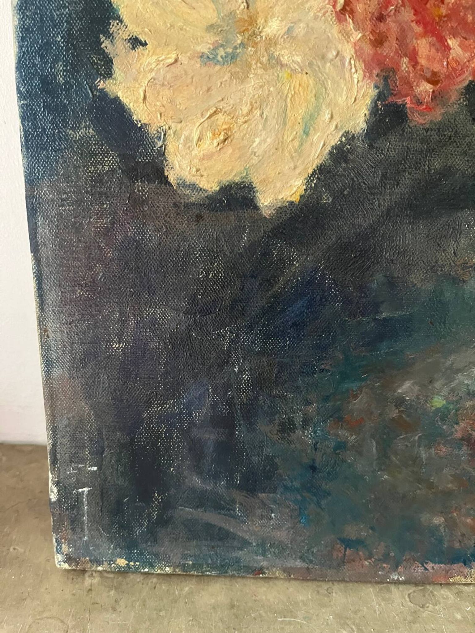 Bouquet d’œillets en vase bleu et blanc, signée