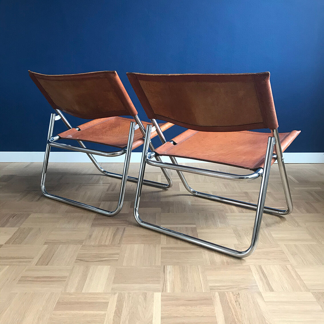Mid-century leather folding lounge chairs, 1970s, set of 2