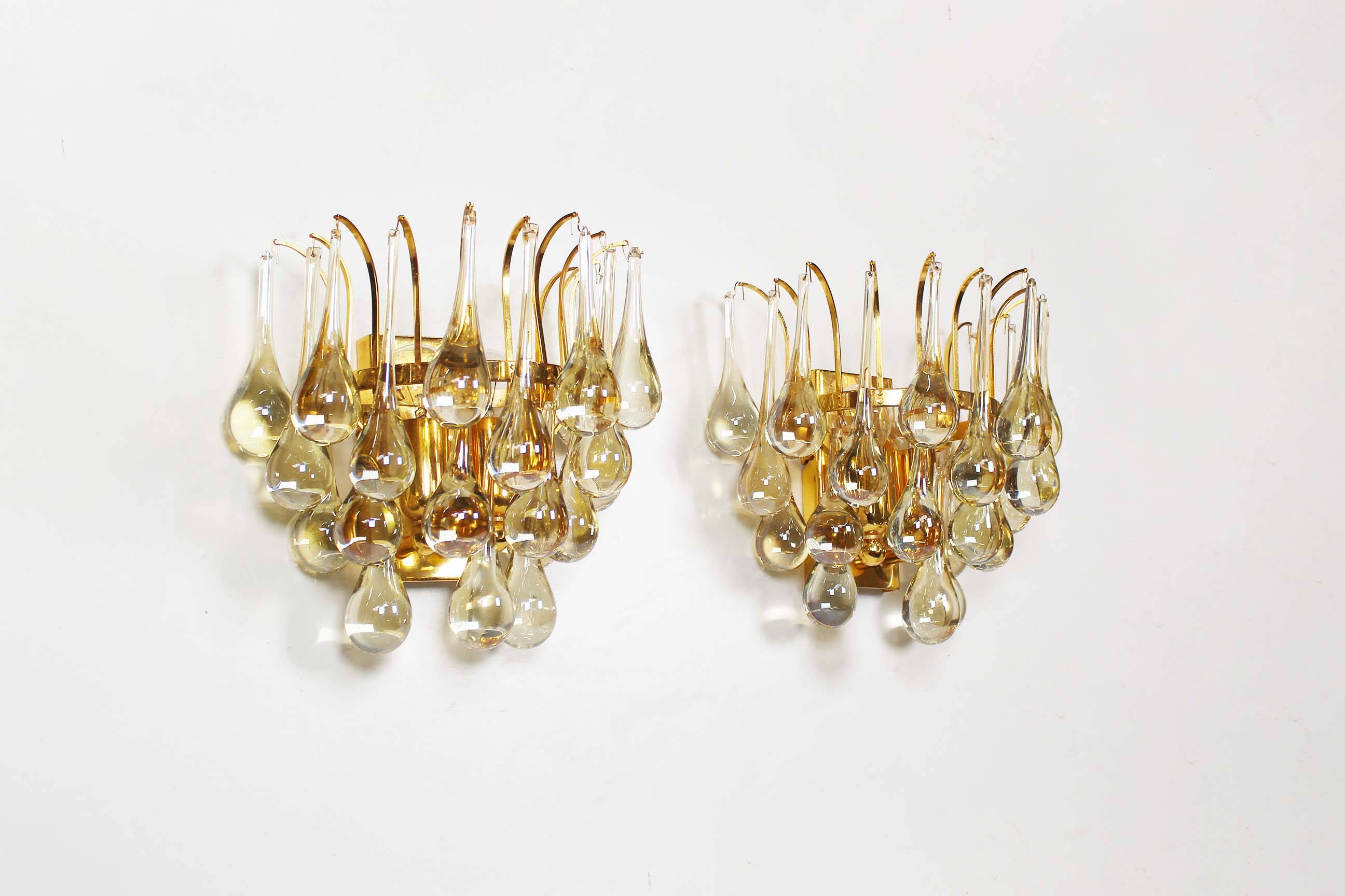 Lot de deux appliques en laiton et verre en forme de larme par Christophe Palme, Allemagne années 1970