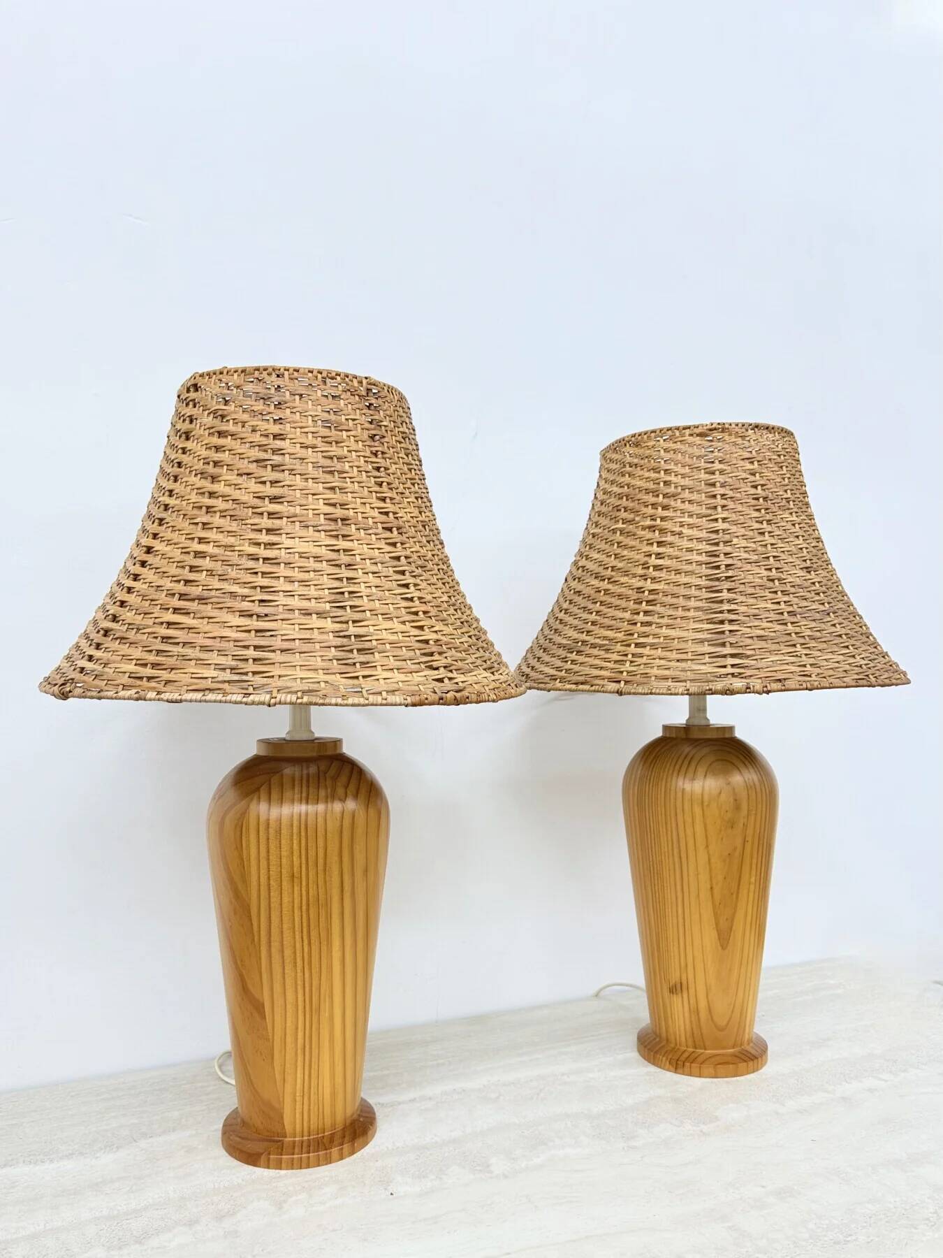Vintage Ikea solid wooden table lamps with rattan shade, 1980s