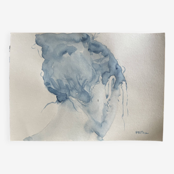 Tableau signé aquarelle monochrome bleue « la coiffure »