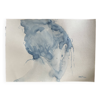 Tableau signé aquarelle monochrome bleue « la coiffure »