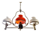 Lustre doré néoclassique aux coupoles blanches et orange 1950