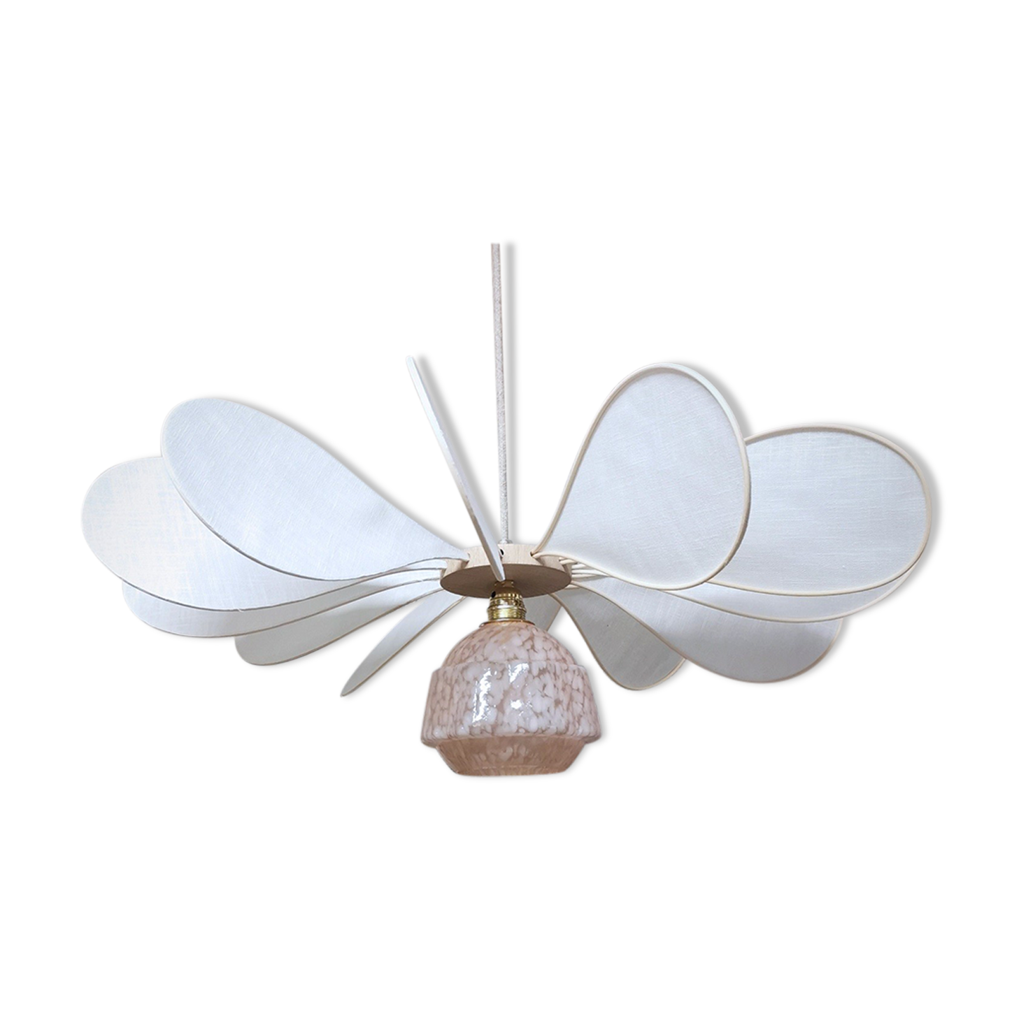 Flower pendant light 12 petals in linen and rattan with glass globe of Clichy