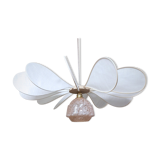 Flower pendant light 12 petals in linen and rattan with glass globe of Clichy