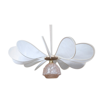 Flower pendant light 12 petals in linen and rattan with glass globe of Clichy